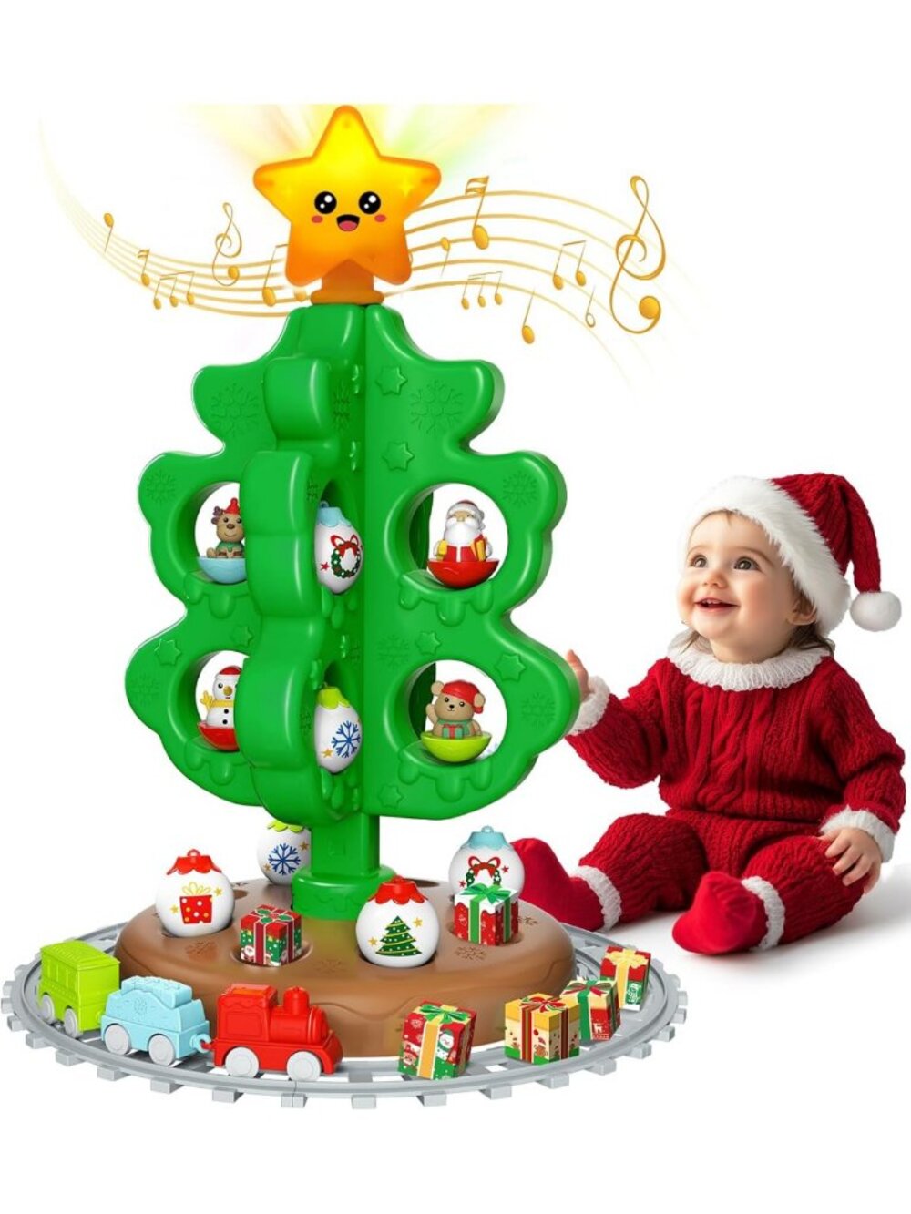 Interactive Kids Christmas Tree with Lights, Music, Toy Train & Ornaments - Fun